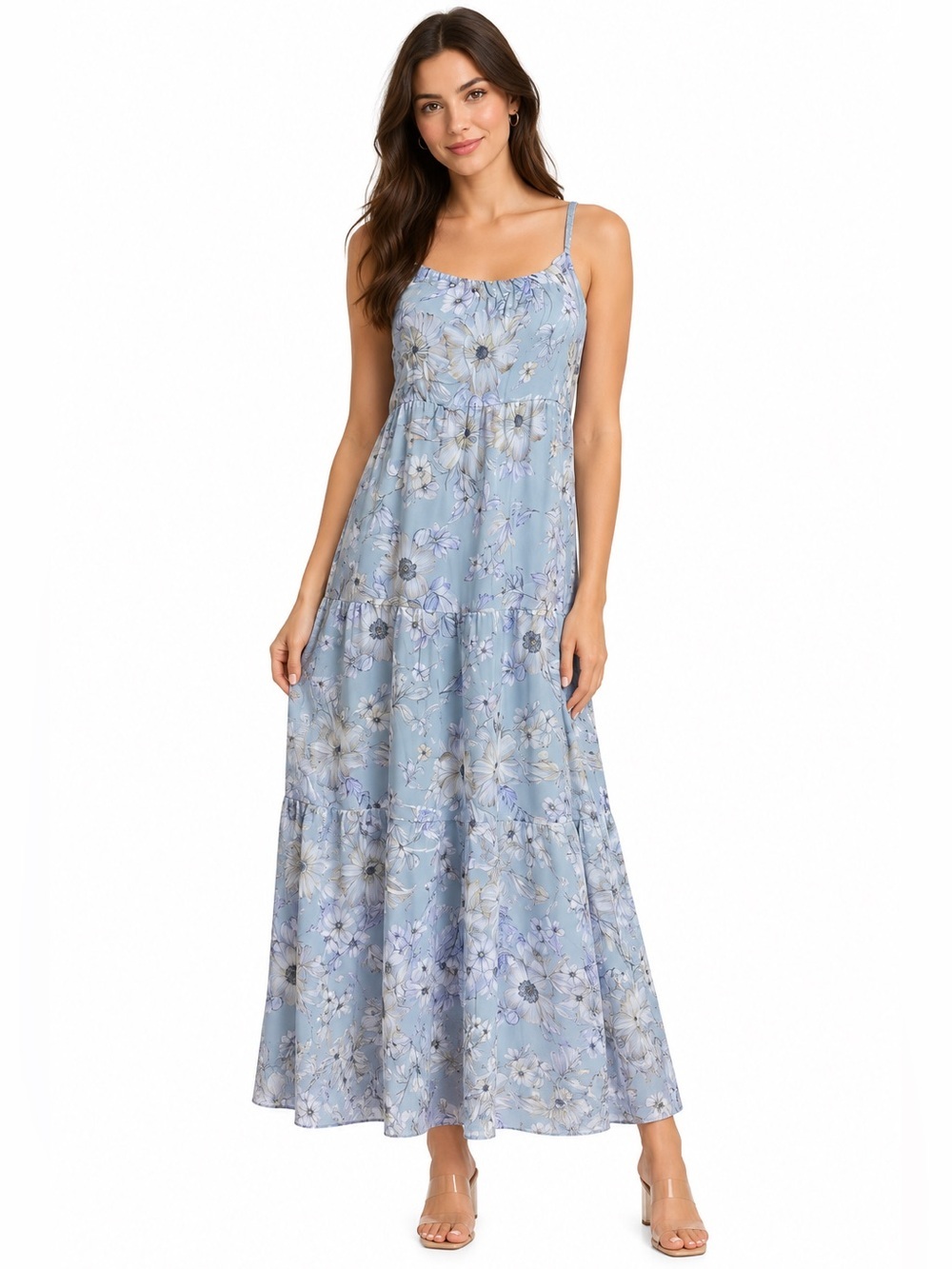NWT ELENA BALDI Blue Silk Blend Floral Tiered Maxi Dress